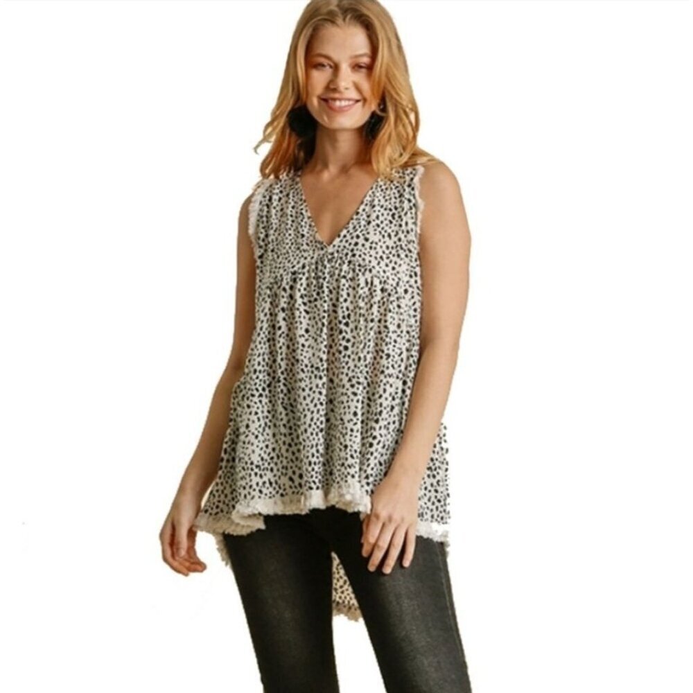 Umgee Small Boho Babydoll Cowgirl Animal Print Rodeo Fringe Hem Festival Top